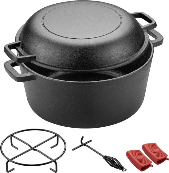 Gietijzeren Pan - Braadpan Dutch Oven - Buiten Koken - 2-in-1 Functionaliteit - 6.2 Liter Capaciteit - Zwart