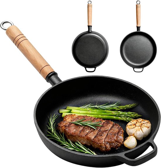 Gietijzeren pan - Braadpan Grillpan - Veelzijdig Koken - Massief Houten Handvat - 27 cm - Zwart