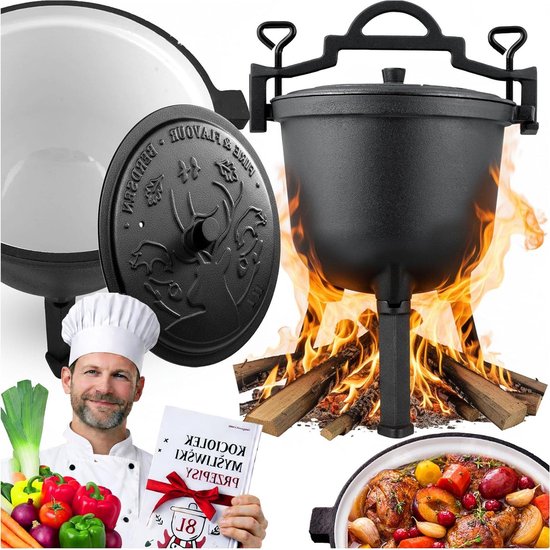 Gietijzeren Pan - Dutch Oven Stoofpan - Buiten Koken - Geëmailleerd Gelijkmatig Garen - 11 Liter - Zwart