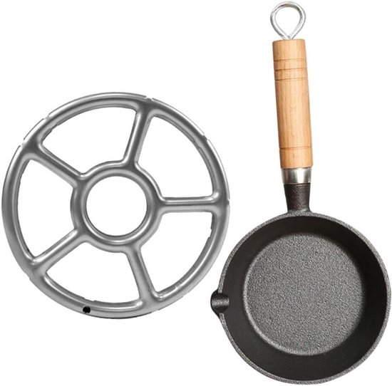 Gietijzeren Steelpan - Mini Koekenpan Omeletpan - Koken voor één persoon - Ergonomisch houten handvat