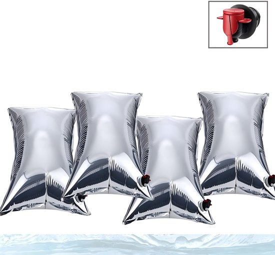 Gigicial Opvouwbare waterzak - herbruikbare noodwatercontainer - lekvrije kraan van voedingskwaliteit + lichtgewicht reispakket - 4-pack - zilver van Merkloos