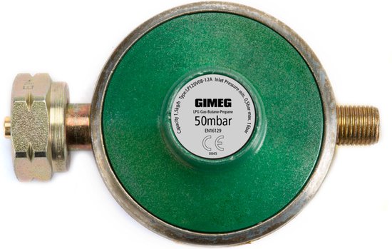 Gimeg Gasdrukregelaar Universeel 50 mbar Kombi X 1/4 inch links van Gimeg