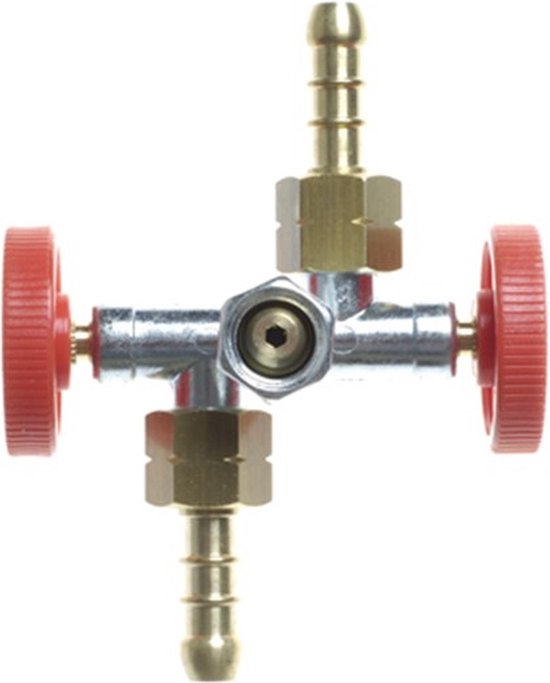 Gimeg tweeweg aftakkraan 1/4 inch links met slangpilaar van Gimeg