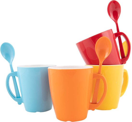 Gimex Colour Line Mok met lepel - Rainbow - 390 ml - 4 Stuks van GIM