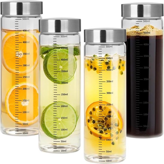 Glazen flessen, 500 ml, met roestvrijstalen deksel, smoothieglazenset met maatschaal, smoothiebeker om mee te nemen voor sappen, smoothies, melk, glazen sapflessen, herbruikbare