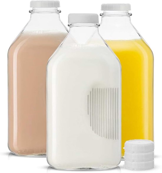 Glazen melkflessen met deksels, doorzichtige melkcontainers voor koelkast, glazen sapflessen, 3 stuks luchtdichte zware herbruikbare flessen voor melk, water, sap, honing, jam