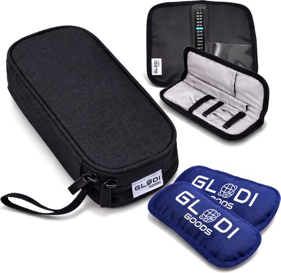 GLODI GOODS® Insuline koeltas incl. 2 icepacks en thermometer – diabetes tas medische etui – koeltasje voor op reis - waterafstotend 20 x 8 x 5cm van Merkloos