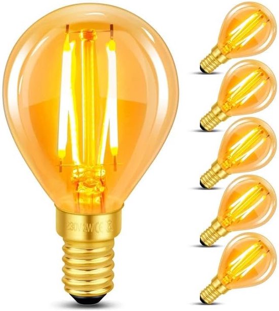 Gloeilamp E14 Edison schroeflamp, 2W LED Filament equivalent 20 watt, antieke stijl retro amber glas 2200K warm wit, 200LM, AC 220V, niet-dimbaar, Mini G45 golfballampen, 6 stuks