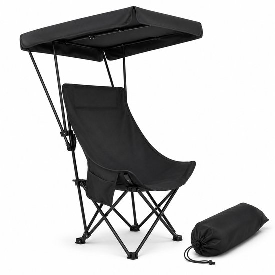 Gloovon® Campingstoel met Zonnedak - Opvouwbaar & Comfortabel - Versterkt 16mm Carbonstalen Frame - Belastbaar tot 140kg - Zwart