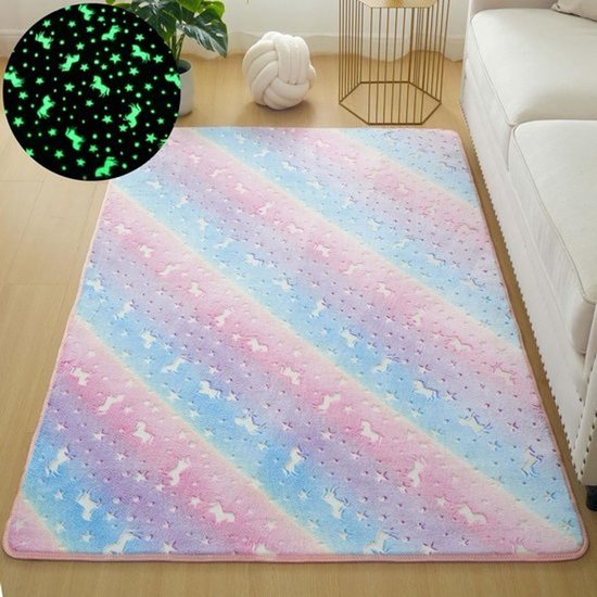 Glow in the Dark Tapijt 60x120 cm - Lichtgevend Vloerkleed met Pegasus en Regenboog Motieven - Fluorescerend Kinder tapijt voor Slaapkamer