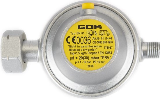 GOK gasdrukregelaar afblaasbeveiliging 30 mbar DIN X 1/4 inch links van Merkloos