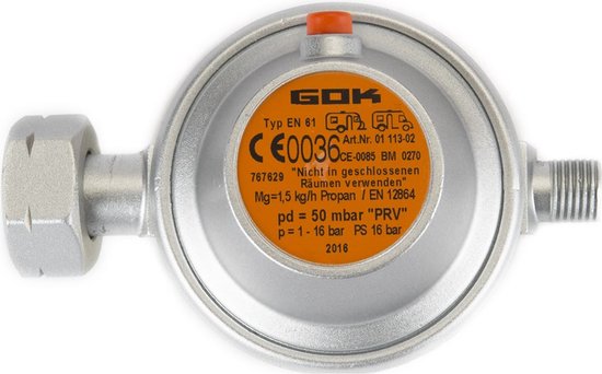 GOK gasdrukregelaar afblaasbeveiliging 50 mbar DIN X 1/4 inch links van Merkloos