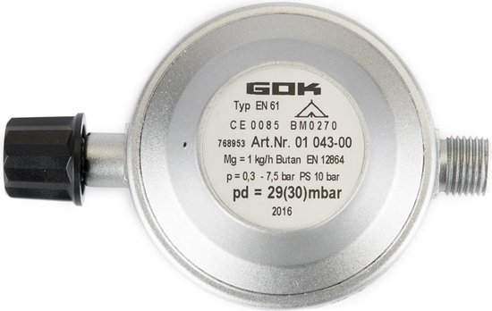 GOK gasdrukregelaar Campingaz 30 mbar Campingaz X 1/4 inch links van GOK