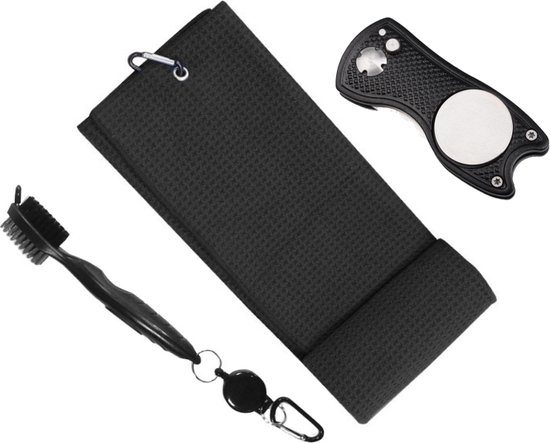 Golfballen Handdoek - Golf Accessoires Set Golf Handdoek + Golf Pitchfork + Golf Borstel - Zwart - Cadeau Set van Cavedi