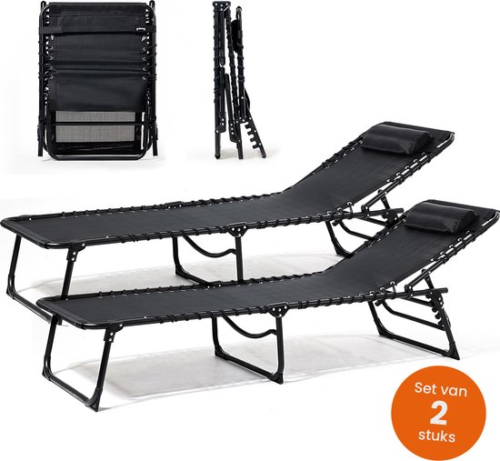 Goliving Ligbed - 5 Standen - 188 x 56 x 29 cm - 2 Stuks - Inklapbaar Zonnebed - Opvouwbaar Strandbed - Ligstoel Tuin - Inclusief Hoofdkussen - Verstelbare Rugleuning - Zwart van Merkloos
