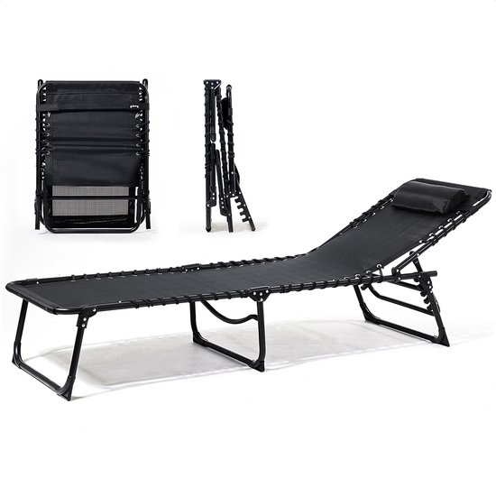 Goliving Ligbed - 5 Standen - 188 x 56 x 29 cm - Inklapbaar Zonnebed - Opvouwbaar Strandbed - Ligstoel Tuin - Inclusief Hoofdkussen - Verstelbare Rugleuning - Zwart van Merkloos