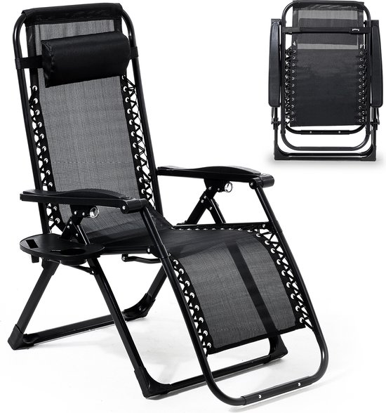 Goliving Opvouwbare Ligstoel - 3 Standen - 110 x 66 x 178 cm - Verstelbare Tuinstoel met Tafel - Inklapbare Campingstoel - Loungestoel Buiten - Vouwstoel Tuin - Zwart van Merkloos