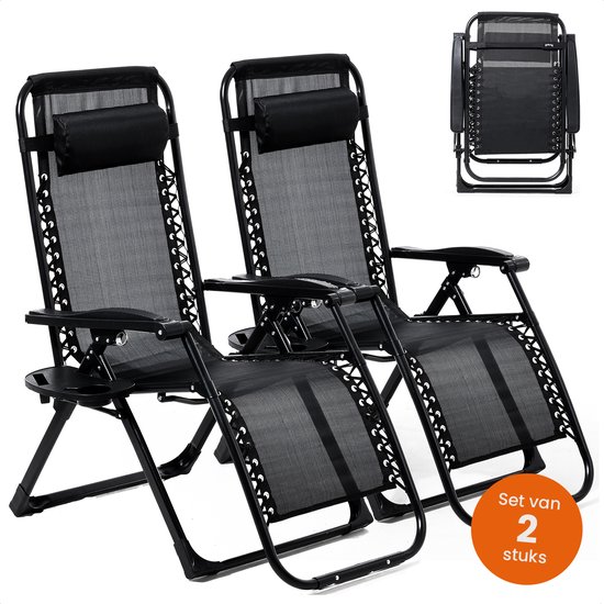 Goliving Opvouwbare Ligstoel - 3 Standen - 2 Stuks - 110 x 66 x 178 cm - Verstelbare Tuinstoel met Tafel - Inklapbare Campingstoel - Loungestoel Buiten - Vouwstoel Tuin - Zwart van Merkloos