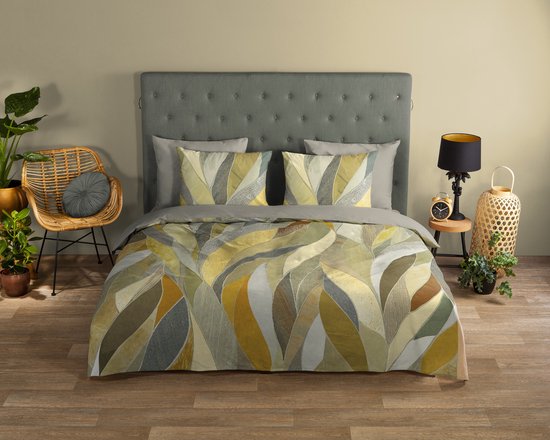 Good Morning dekbedovertrek abstracte bladeren - 2 persoons 200x200/220 cm - Grijs - 100% Katoen renforc�