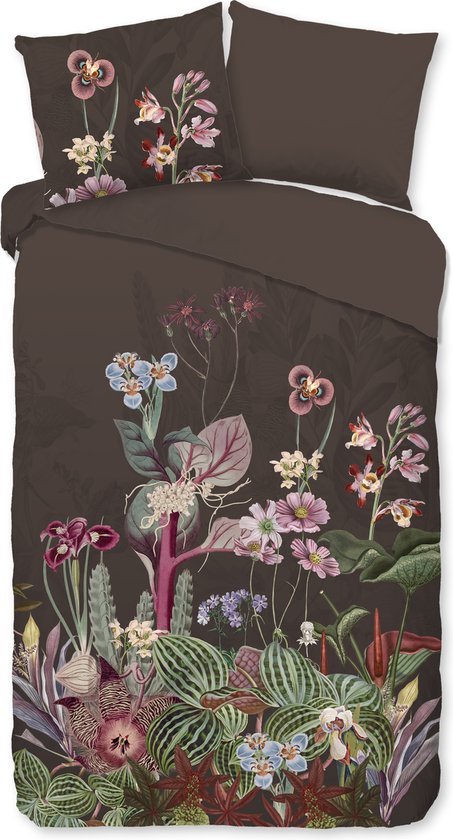 Good Morning dekbedovertrek bloemen - 1 persoons 140x200/220 cm - Bruin - 100% Katoen renforce