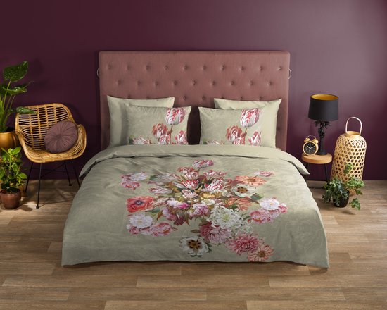 Good Morning dekbedovertrek bloemen - 1 persoons 140x200/220 cm - Zand - 100% Katoen renforc�