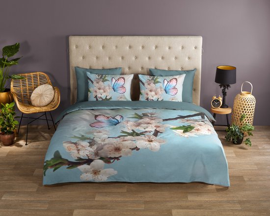 Good Morning dekbedovertrek bloemen en vlinders - 2 persoons 200x200/220 cm - Aqua - 100% Katoen renforce van Merkloos