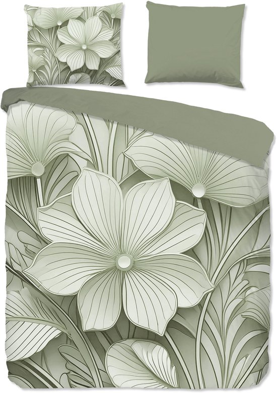 Good Morning dekbedovertrek bloemen - Lits jumeaux 240x200/220 cm - Groen - 100% Katoen renforce van Merkloos