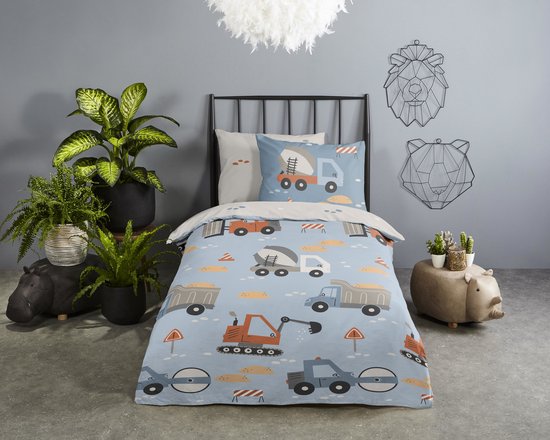 Good Morning dekbedovertrek graafmachine, cementwagen en andere voertuigen - 1 persoons 140x200/220 cm - Blauw - 100% Katoen renforce van Merkloos