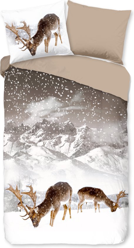 Good Morning dekbedovertrek herten in winterlandschap - 1 persoons 140x200/220 cm - Zand - 100% Katoen flanel