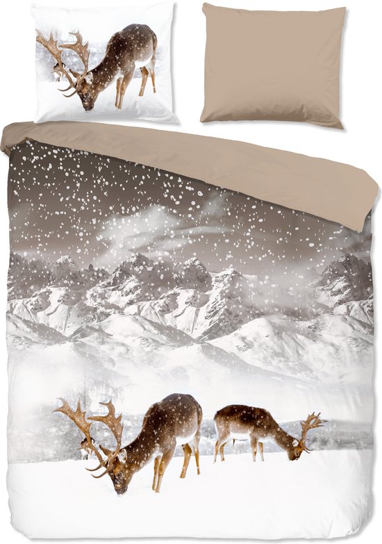 Good Morning dekbedovertrek herten in winterlandschap - 2 persoons 200x200/220 cm - Zand - 100% Katoen flanel