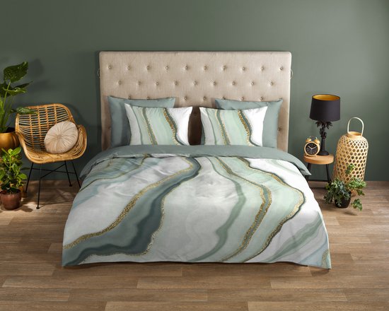 Good Morning dekbedovertrek marmereffect - 2 persoons 200x200/220 cm - Groen - 100% Katoen renforce van Merkloos