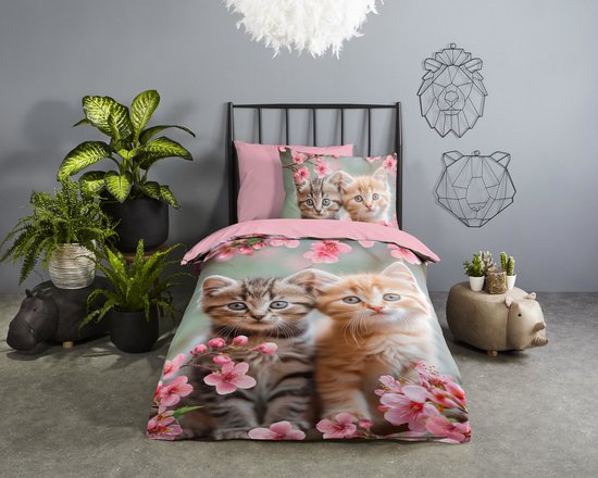 Good Morning dekbedovertrek poesjes met roze bloemen - 1 persoons 140x200/220 cm - Roze - 100% Katoen renforc�