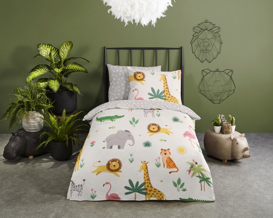Good Morning dekbedovertrek tropische dieren - Peuter 120x150 cm - Ecru - 100% Katoen renforce