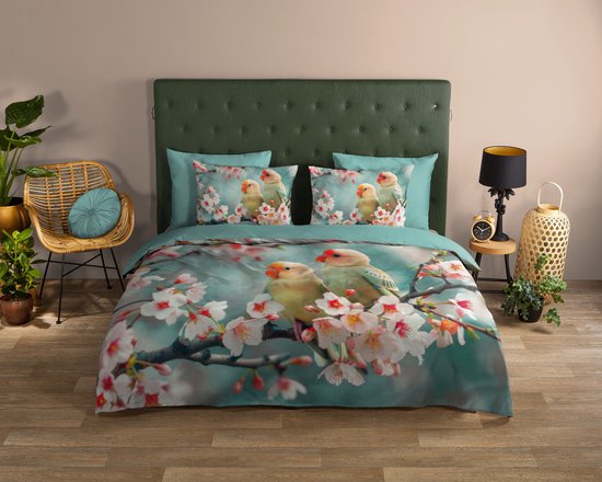 Good Morning dekbedovertrek vogeltjes op een bloesemtak - 1 persoons 140x200/220 cm - Aqua - 100% Katoen renforce van Merkloos