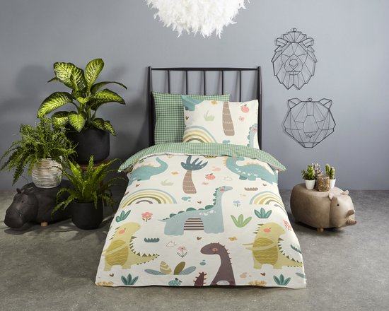Good Morning dekbedovertrek vrolijke dinos - Peuter 120x150 cm - Groen - 100% Katoen renforc�