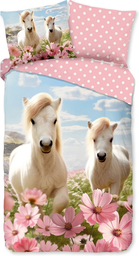 Good Morning dekbedovertrek witte paarden met bloemen - 1 persoons 140x200/220 cm - Roze - 100% Katoen renforce van Merkloos