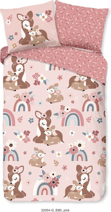 Good Morning Kinderdekbedovertrek "bambi hert met regenboog" - Roze - (140x200/220 cm) - Katoen van Merkloos