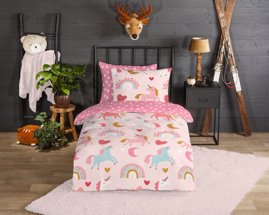 Good Morning Kinderdekbedovertrek "eenhoorn en regenboog" - Roze - (140x200/220 cm) - Katoen Flanel van Good Morning