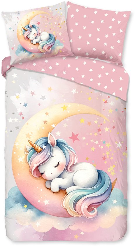 Good Morning Kinderdekbedovertrek eenhoorn slapend op een maan - Roze - (140x200/220 cm) - Katoen van Good Morning
