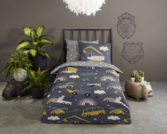 Good Morning Kinderdekbedovertrek "Werkvoertuigen" - Grijs - (140x200/220 cm) - Katoen van Good Morning