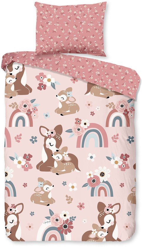Good Morning Ledikant babydekbedovertrek "bambi hert met regenboog" - Roze - (100x135 cm) - Katoen van Good Morning