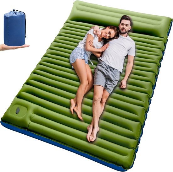 Goodivery® -Luchtbed - Slaapzak - Slaapzakken Volwassen - 12cm Dubbel kampeermatras voor 2 Personen, klein Pakketformaat met Voetpomp en kussen voor Op Reis - 196x145x15cm - Groen
