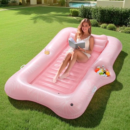 Goodivery - Tanning Bed - Zwembad Luchtmatras - Groot Zwembed met Ijsbalk - Solarium Zwembad Lounge Stoel - Opblaasbare Hangmat met Drinkhouder - Zonnebank - Zwembad Speelgoed voor Feest, Strand, Achtertuin - Roze
