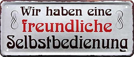 Grappige spreuk "Wir haben eine freundliche." decoratief bord metalen bord huis ingang geschenkidee deur humor grappig cadeau voor verjaardag of Kerstmis 28 x 12 cm