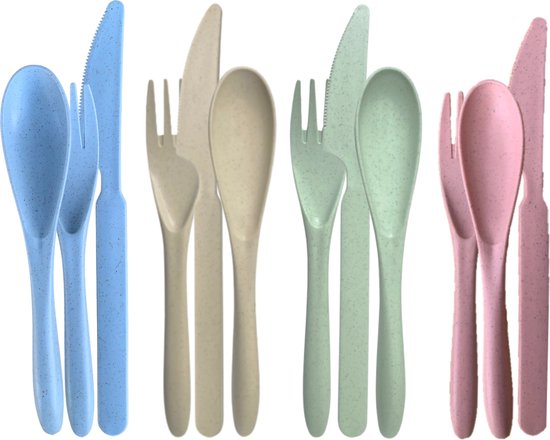 green-goose® Bio-based Bestek - 4 Sets - Blauw, Groen, Crème, Roze - Duurzaam Bioplastic Bestek voor School, Picknick, Vakantie, Camping - Vaatwasserbestendig - 100% biologisch afbreekbaar tarwegras - BPA-vrij van green-goose®