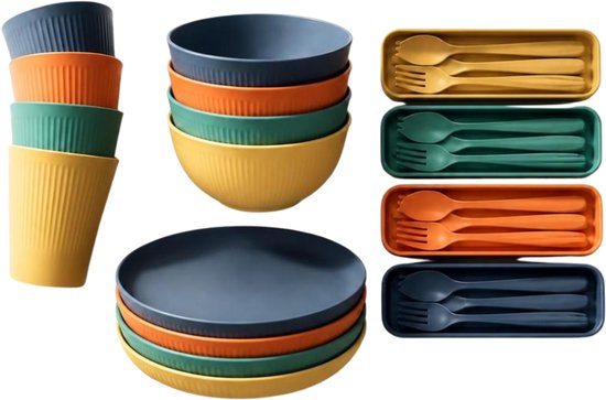 green-goose Bioplastic Servies Camping Servies, 16-delig Kampeerservies, Bioplastic Borden, Bekers, Kommen en Bestek, Vaatwasserbestendig, Milieuvriendelijk van green-goose®