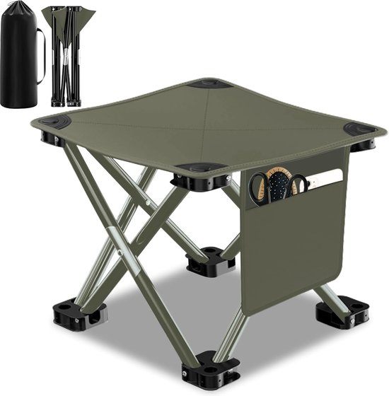 Green-Opvouwbare kruk-Campingkruk-Opvouwbare 180 kg draagbare viskruk met zijvakken en opbergtas, lichtgewicht opvouwbare kruk voor kamperen, vissen, concerten, buiten, 33 x 33 x 33 cm