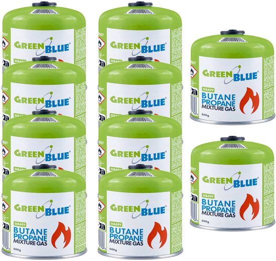 GreenBlue - Gasflessen 10 stuks - Gaspatroon van 500 g. Certificaat: Pi 0437, conform EN 417, butaan-propaan, temperatuurbereik -10 °C tot +40 °C, schroefdraadventiel 7/16'' GB499