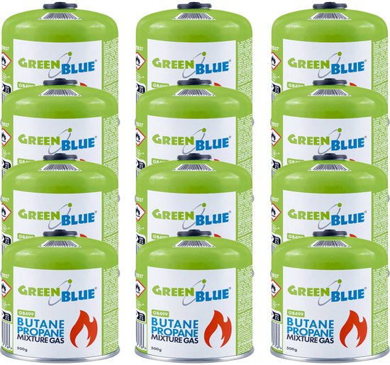 GreenBlue - Gasflessen 12 stuks - Gaspatroon van 500 g. Certificaat: Pi 0437, conform EN 417, butaan-propaan, temperatuurbereik -10 °C tot +40 °C, schroefdraadventiel 7/16'' GB499 van Merkloos