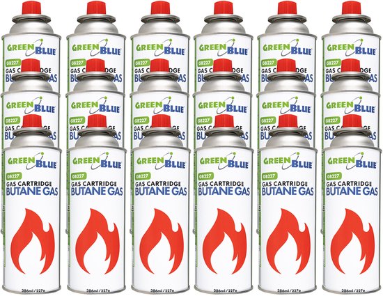GreenBlue - Gasflessen 18 stuks - Gaspatroon van 227 g. Certificaat: Pi 0875, voldoet aan de norm EN417, butaan, gebruiksbereik -10 °C tot +40 °C, GB227